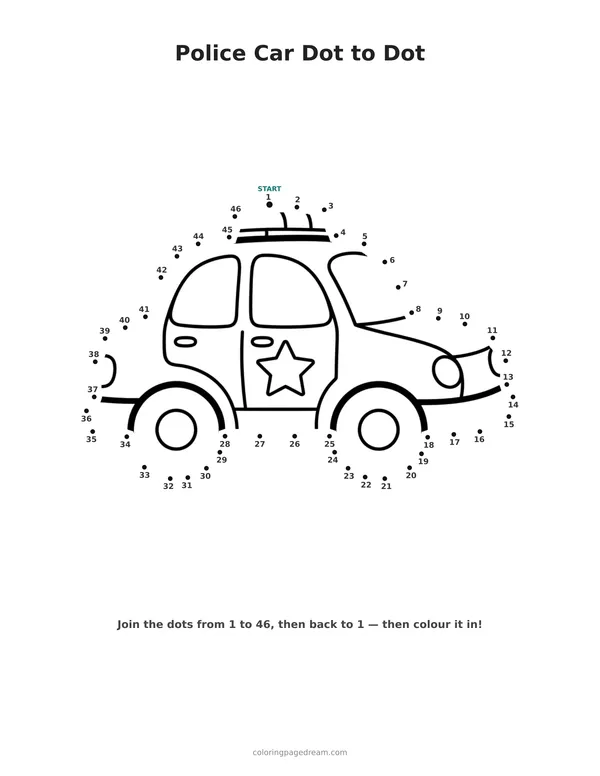 Police Car Dot to Dot printable page — Simple Drawing with Star on Door