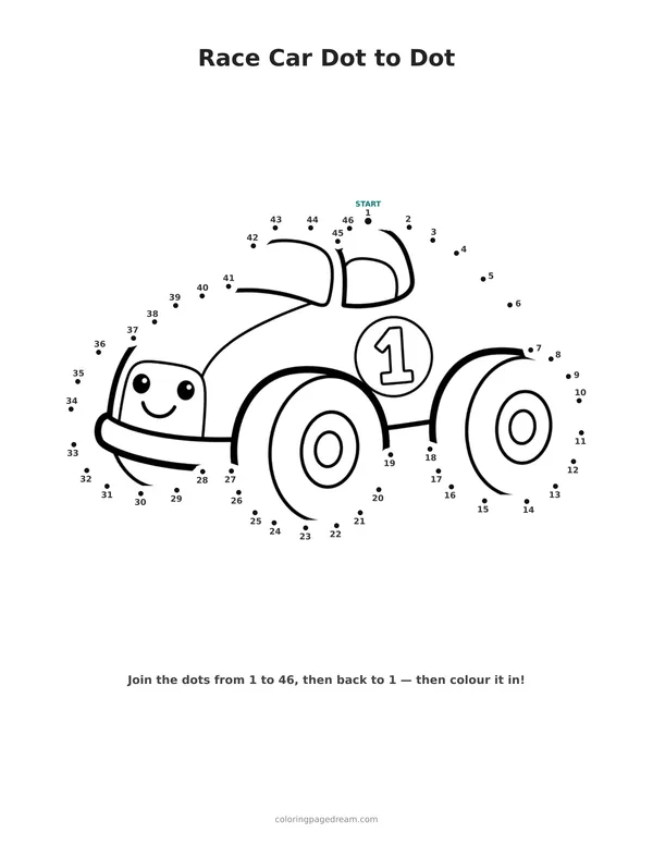 Race Car Dot to Dot printable page — Cute Vehicle With Big Wheels