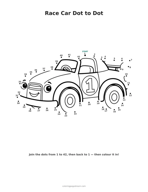 Race Car Dot to Dot printable page — Smiling With Number One