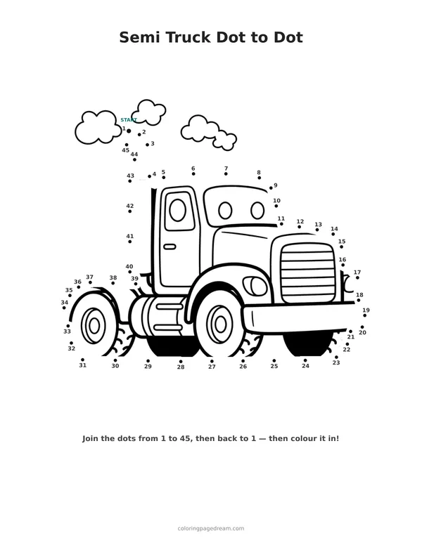 Semi Truck Dot to Dot printable page — Friendly Face and Tall Exhaust Pipe