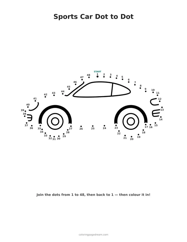 Sports Car Dot to Dot printable page — Simple Sports Car in Profile