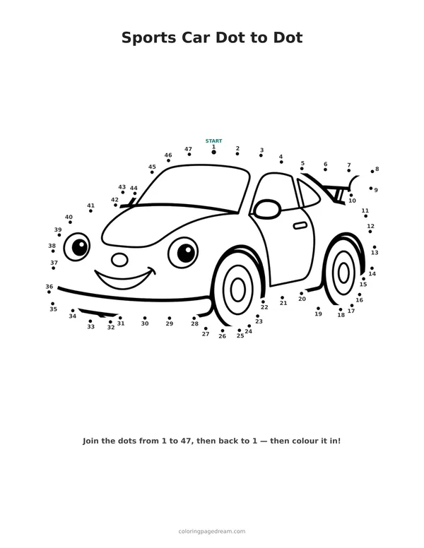 Sports Car Dot to Dot printable page — Smiling Sports Car With a Spoiler
