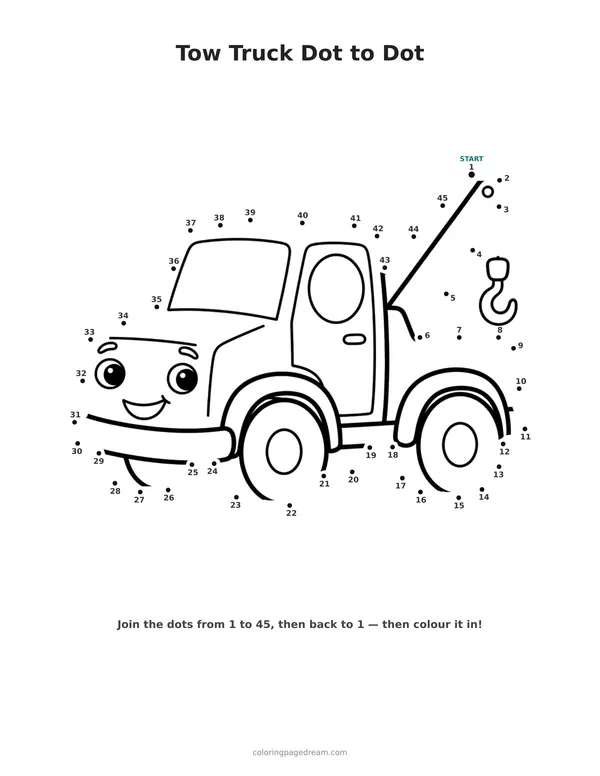 Tow Truck Dot to Dot printable page — Smiling With A Hook