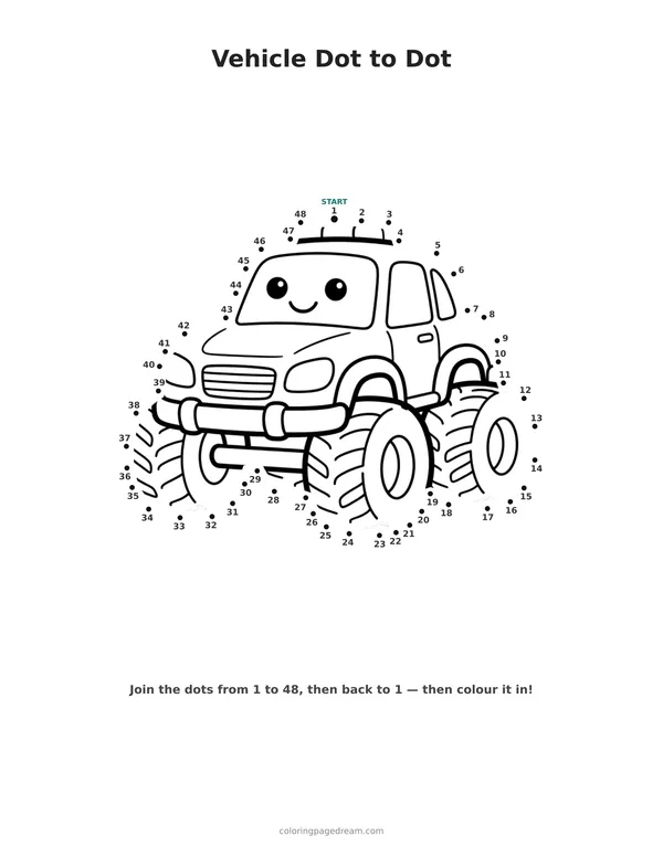 Vehicle Dot to Dot printable page — Friendly Face and Huge Tires