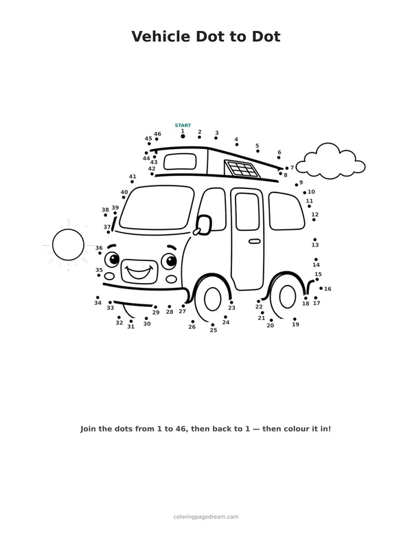 Vehicle Dot to Dot printable page — Smiling With Roof Top Tent