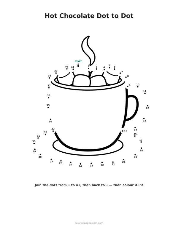 Hot Chocolate Dot to Dot printable page — Cup with Marshmallows and Steam