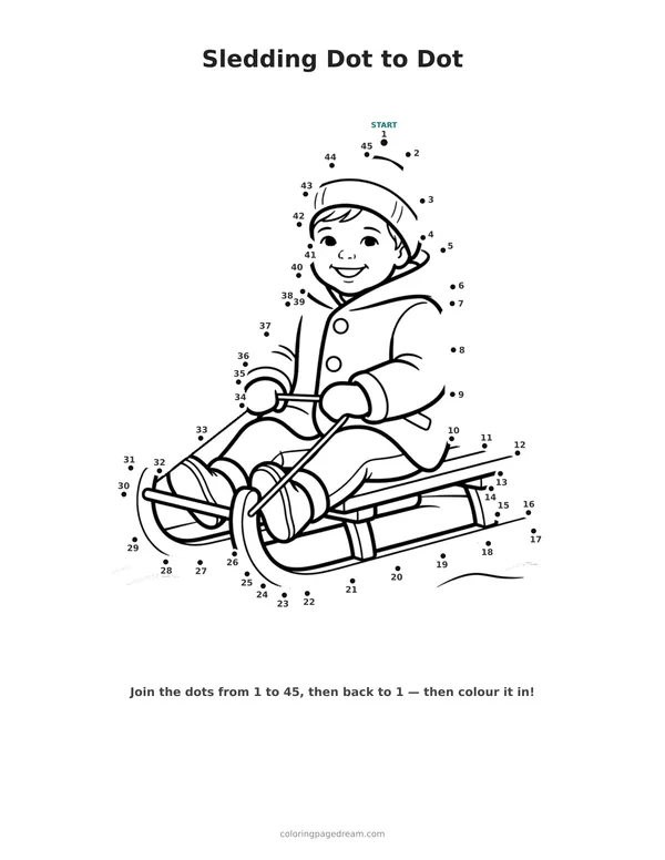 Sledding Dot to Dot printable page — Sitting on a Wooden Sled
