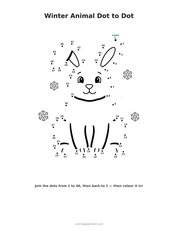 Winter Animal Dot to Dot printable page — Rabbit Sitting in the Snow