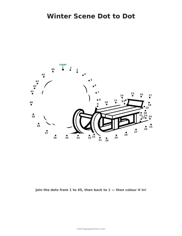 Winter Scene Dot to Dot printable page — Big Snowball and a Sled