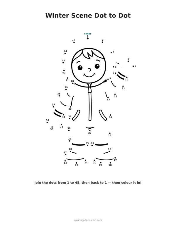 Winter Scene Dot to Dot printable page — Child Waving in a Snowsuit