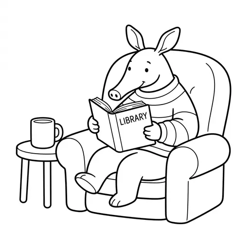 Aardvark Coloring Page — Reading a Book in an Armchair