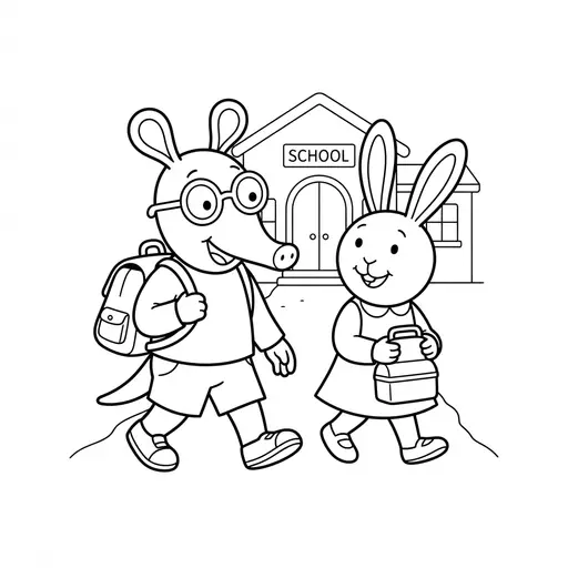 Aardvark Coloring Page — Walking to School with Rabbit Friend