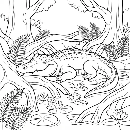 Alligator Coloring Page for Adults — Resting Among Mangrove Roots