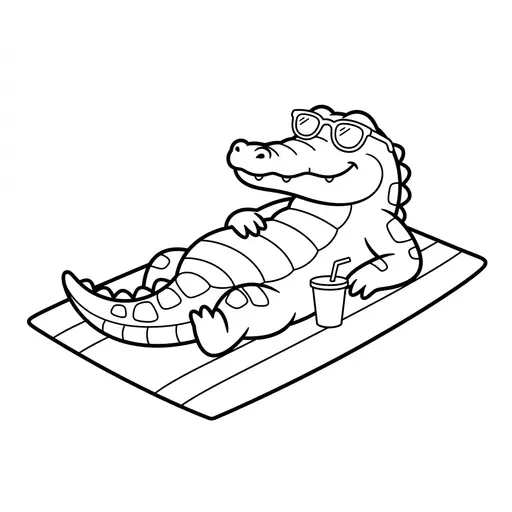 Alligator Coloring Page — Lounging on a Beach Towel with Sunglasses
