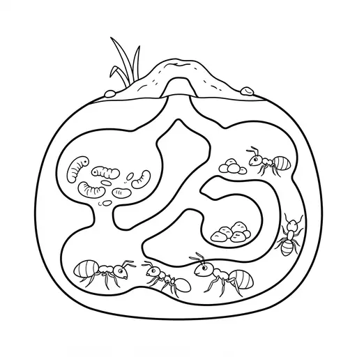 Ant Coloring Page — Underground Tunnel Colony with Rooms