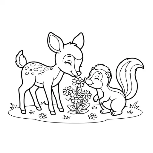 Deer Coloring Page — And Skunk with Flowers