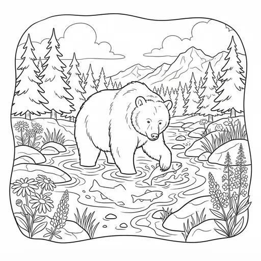Bear Coloring Page for Adults — Fishing in a Mountain River