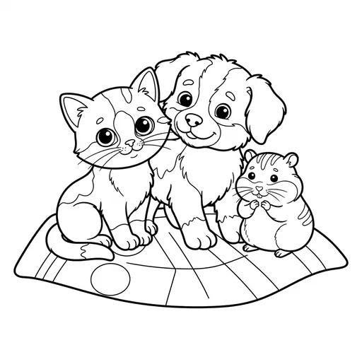 Pet Coloring Page — Sitting With Kitten And Hamster
