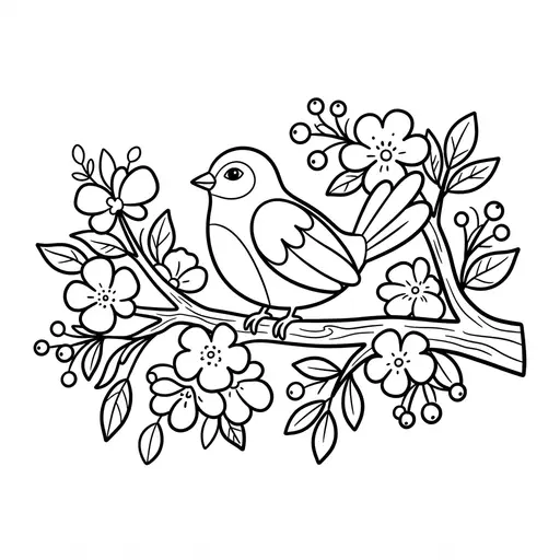 Bird Coloring Page for Adults — Perched on a Blossoming Branch