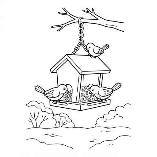Bird Coloring Page — Eating Seeds With Small Birds