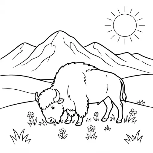 Bison Coloring Page — Grazing on Prairie with Mountains