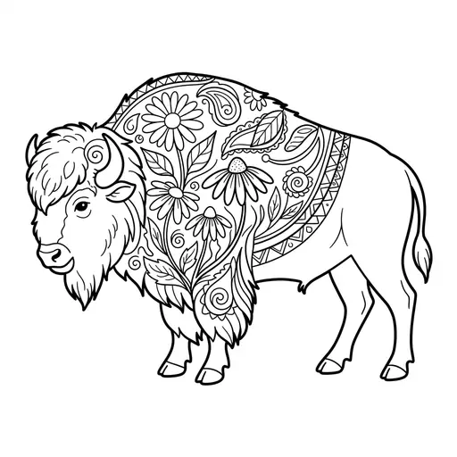 Bison Coloring Page for Adults — Folk Art Patterns and Prairie Flowers