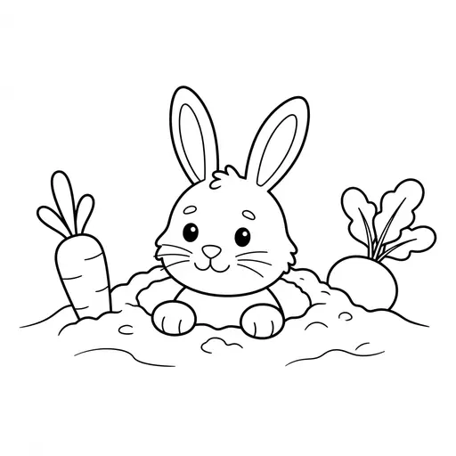 Bunny Coloring Page — Peeking From Ground in Vegetable Garden