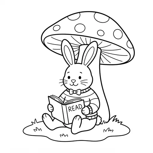 Bunny Coloring Page — Reading a Book Under a Mushroom