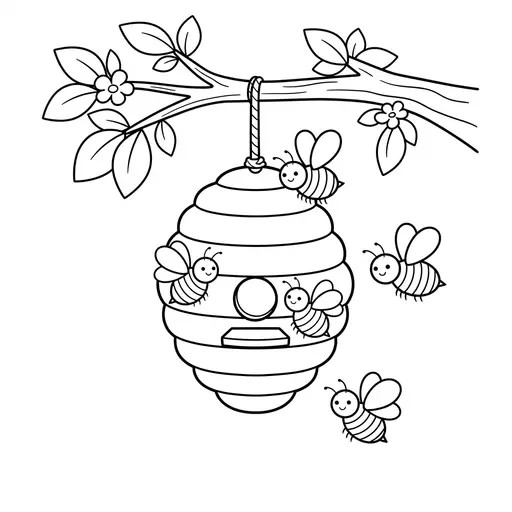 Bee Coloring Page — Hanging Hive on a Tree Branch