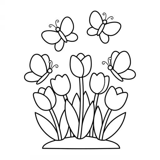 Butterfly Coloring Page — Fluttering Over a Garden of Tulips