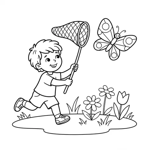 Butterfly Coloring Page — Chased by a Child with a Net