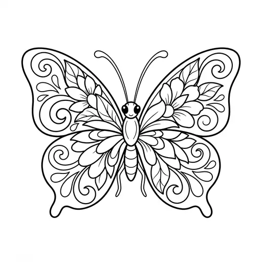 Butterfly Coloring Page for Adults — Wings Filled with Flowers and Swirls