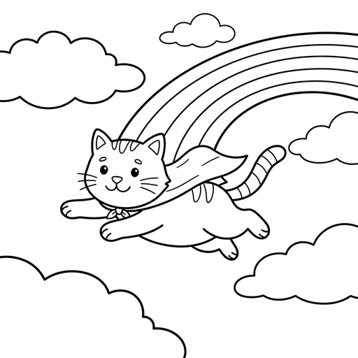 Cat Coloring Page — Flying Through the Clouds with a Rainbow
