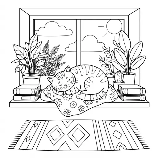 Cat Coloring Page for Adults — Napping on a Sunny Window Sill