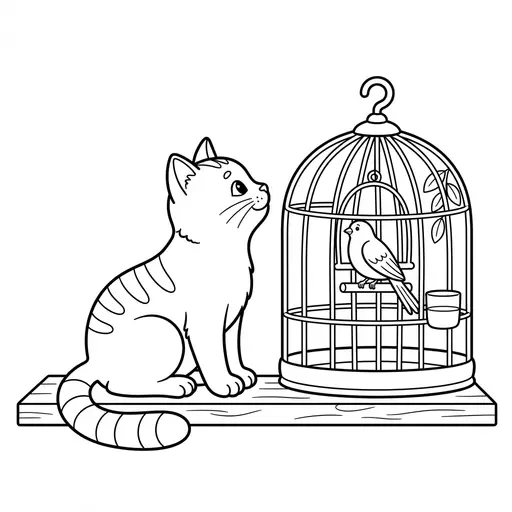 Cat Coloring Page — Watching a Canary in a Cage