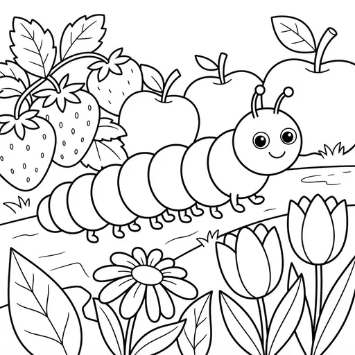 Caterpillar Coloring Page for Adults — Crawling Through Fruit and Flowers