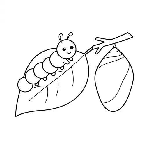 Caterpillar Coloring Page — On Leaf With Cocoon