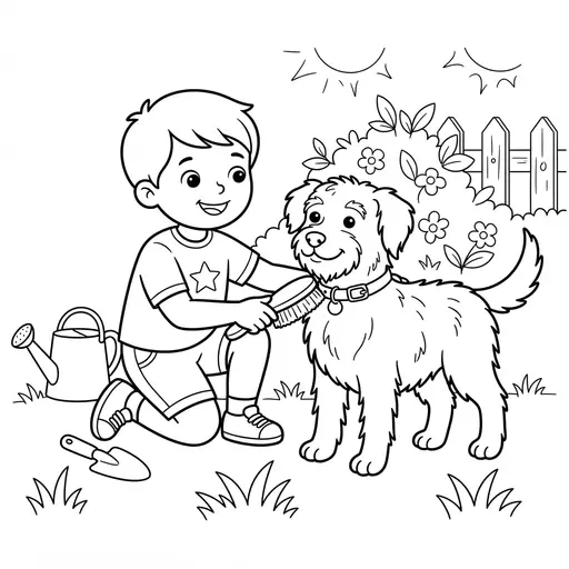 Pet Coloring Page — Brushing Fur in the Garden