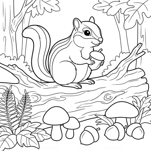 Chipmunk Coloring Page for Adults — Holding an Acorn on a Log