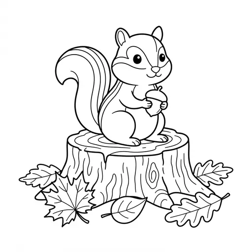 Chipmunk Coloring Page — Sitting on a Tree Stump with Leaves