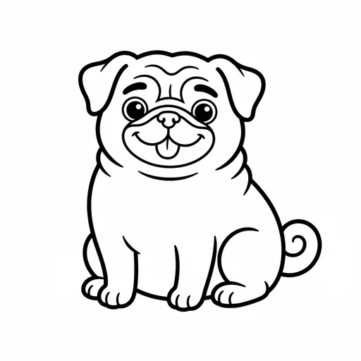 Easy Pug Coloring Page — Sitting With Curly Tail