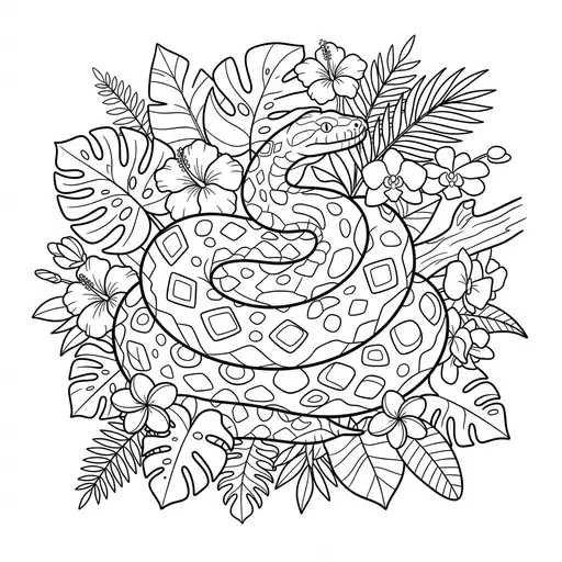 Snake Coloring Page for Adults — Coiled Among Tropical Leaves and Flowers