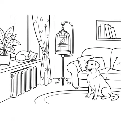 Pet Coloring Page for Adults — Cat on Windowsill and Dog by Sofa