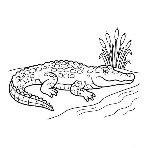 Reptile Coloring Page — Resting by a River with Reeds