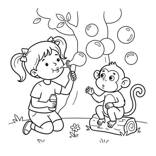 Monkey Coloring Page — Sitting on a Log Blowing Bubbles