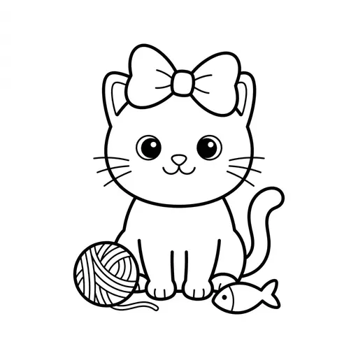 Easy Cat Coloring Page — Wearing a Bow with Yarn and Fish
