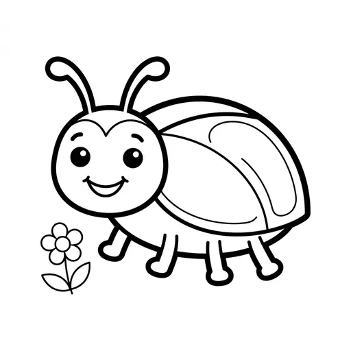 Easy Ladybug Coloring Page — Smiling Near A Small Flower