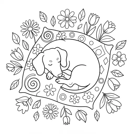 Dachshund Coloring Page for Adults — Sleeping on a Patterned Cushion