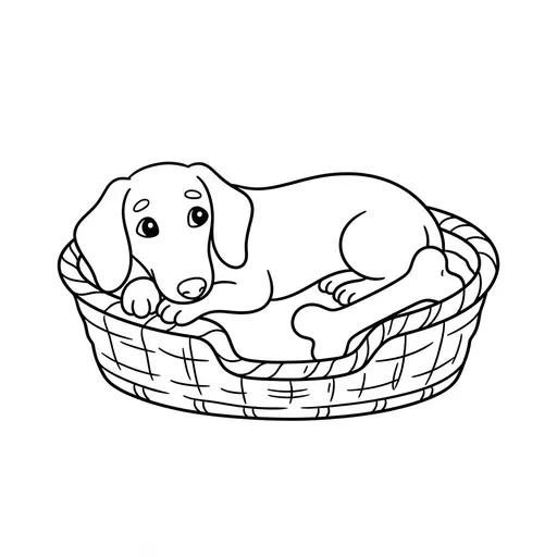 Dachshund Coloring Page — Lying in a Basket with a Bone