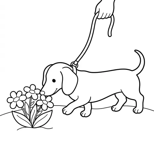 Dachshund Coloring Page — Sniffing Flowers on a Walk